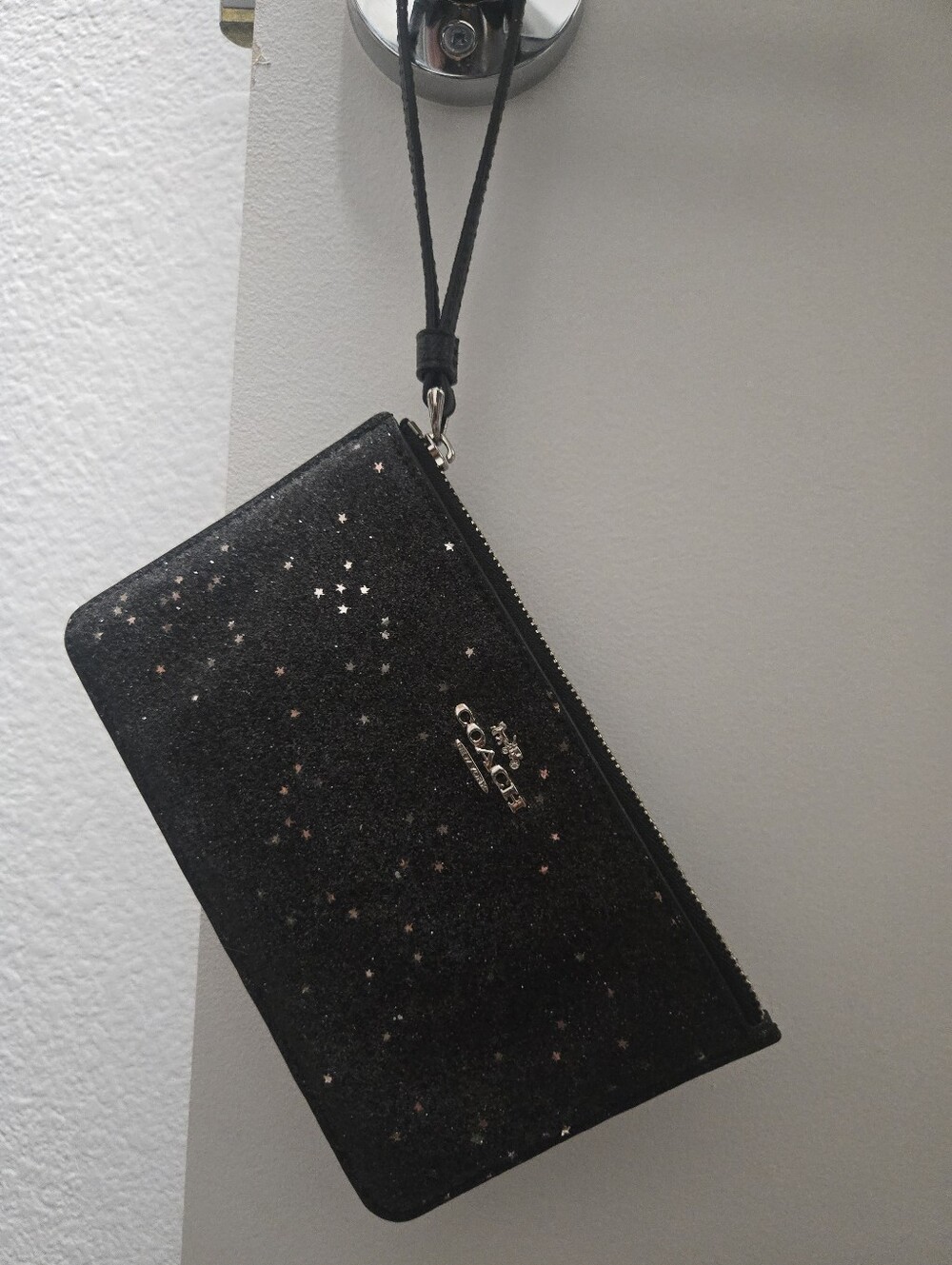 COACH Black Glitter Star Zip Wristlet/ Clutch/ Wallet with Logo